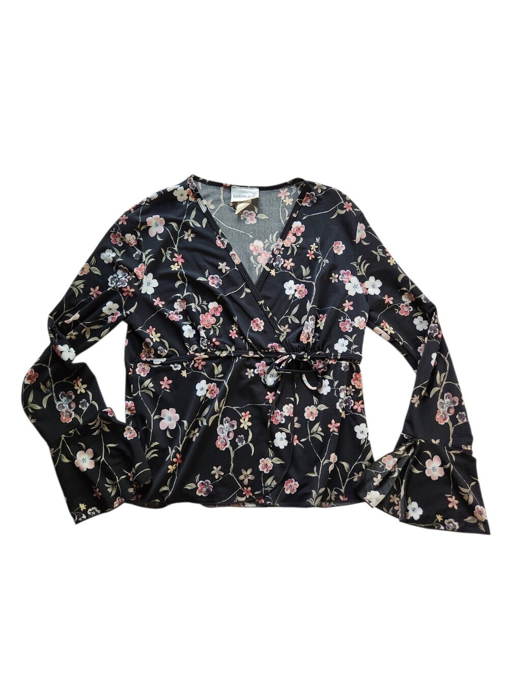 Y2K Fashion Bug Floral Wrap Top Bell Sleeve Fairycore Tie Waist Sz L